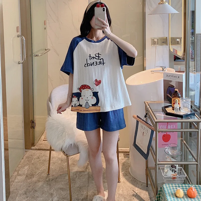 Pajamas Womens Summer Short Sleeved Korean Style Loose Cotton Two Piece Suit Melon Seeds Mouse Thin Home Wear Spring and Autumn