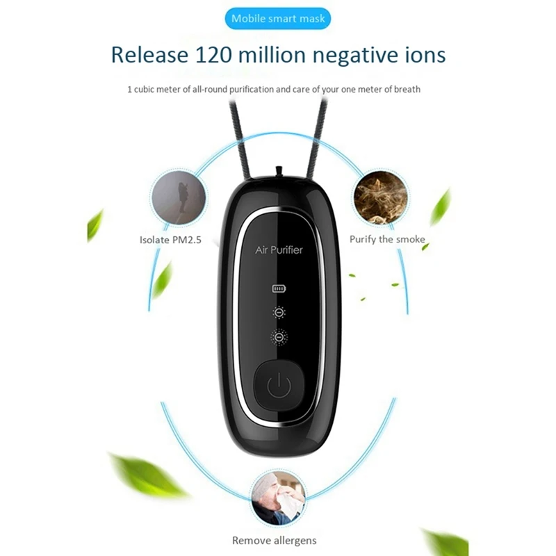 

2x Hanging Neck Air Purifier Fashion Personal Wearable Purifier Mini Portable Negative Ion Generator Black