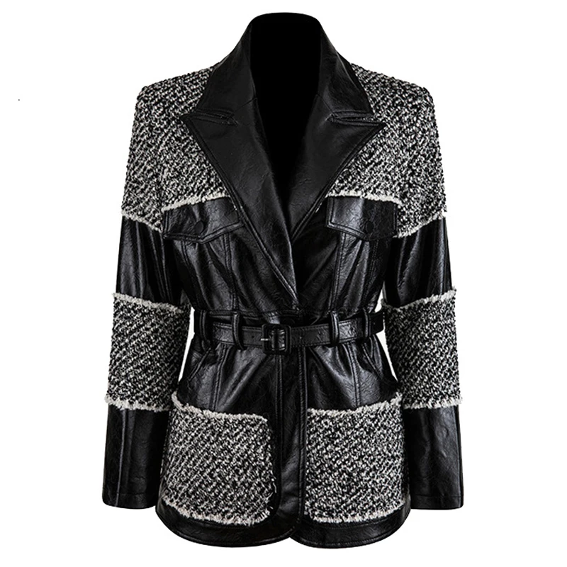 Женский кожаный блейзер осень зима толстый пояс Туника Блейзер Пальто для