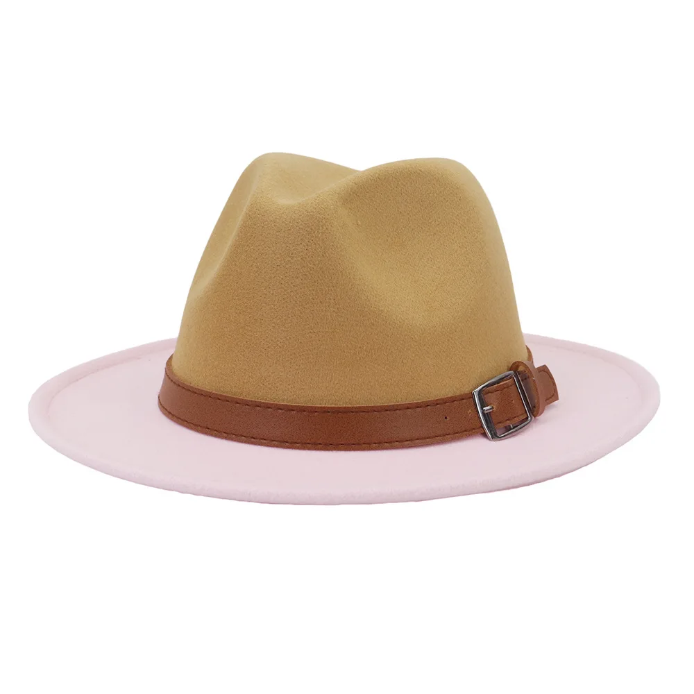 

New Fashion Camel Pink Patchwork Woolen Felt Jazz Panama Fedora Hat Women Men Church Elegant Top Hat and Caps