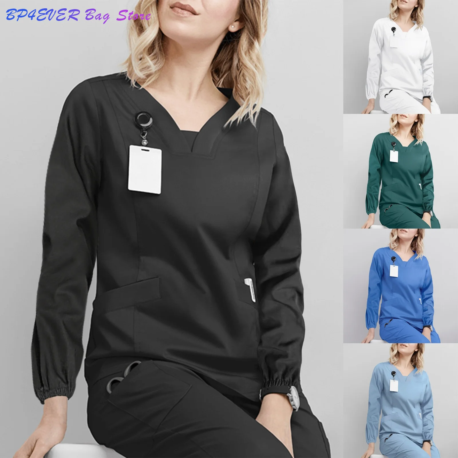 

Women's T-shirt Solid Color Long Sleeve V-neck Pocket Care Workers Harajuku All-match Solid Color Tops Camisetas De Mujer