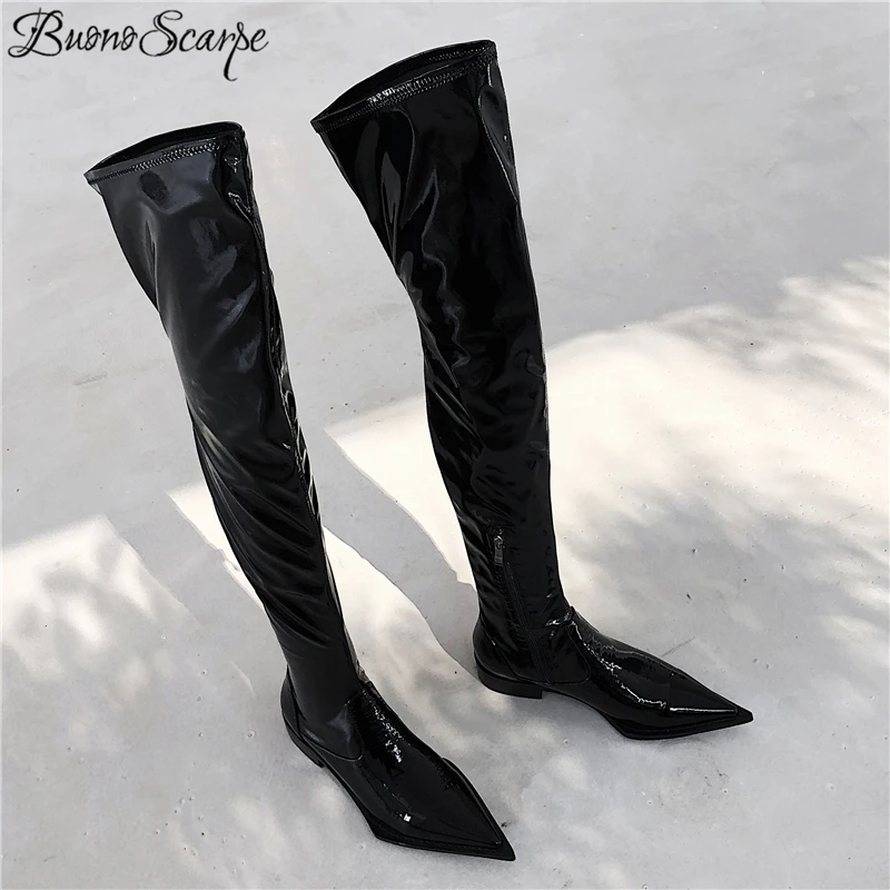 Buono Scarpe/Сапоги до бедра из лакированной кожи с острым носком; Женские Сапоги выше колена; облегающие сапоги В рыцарском стиле на выпускной; Botas Mujer; плиссированная обувь
