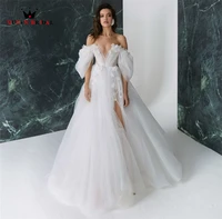 sexy puffy sleeve a line wedding dresses with slit leg tulle flowers appliques bridal gown 2022 new design custom made dz08