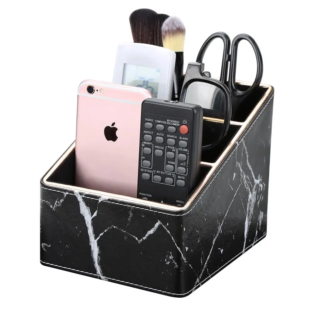 

Home Office Storage Air-conditioner Remote Control Holder Gold Rim Covered Leather Desk Organizer 3 Slot Sundries Storage Box