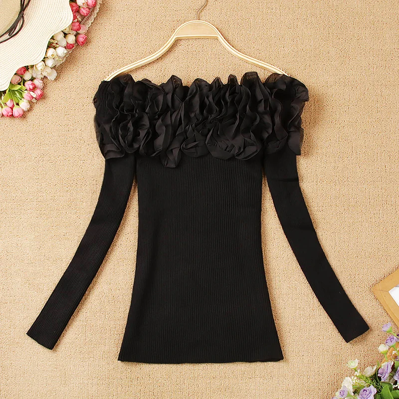 Джемпер женский трикотажный с оборками Модный милый свитер в Корейском стиле топ