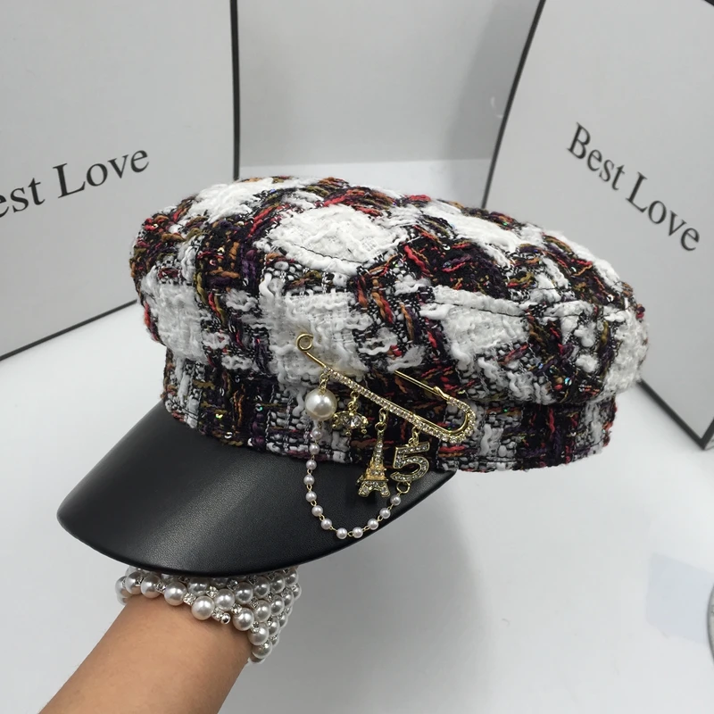 

spring and autumn winter the new navy cap with pearl hat grid beret painter cap octagonal visors for women