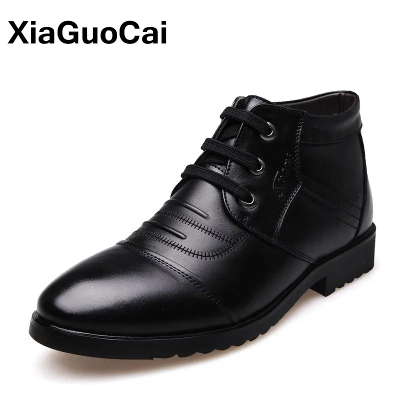 Высокие зимние мужские ботинки с мехом Теплые из натуральной кожи Деловая обувь