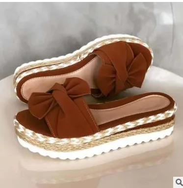 

Slippers Women Slides Bow Summer Sandals Bow-Knot Slippers Thick Soles Flat Platform Female Floral Beach Shoes Flip Flops