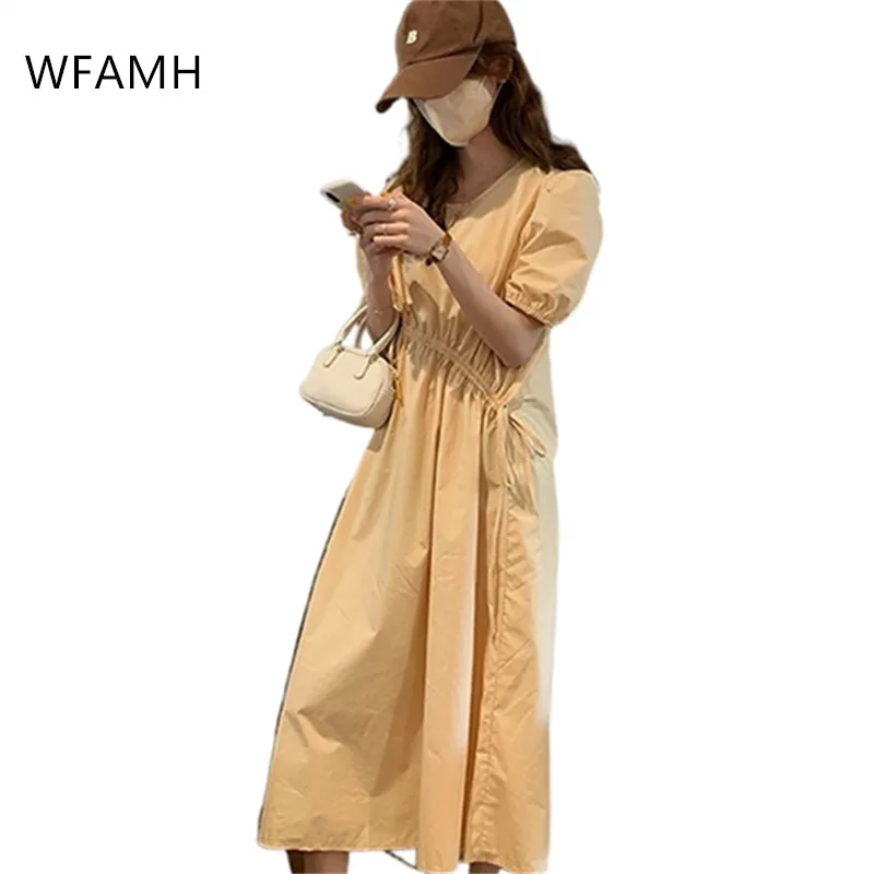 

2021 New Summer Women's Fashion Close-up Drawstring Loose Oblique Waist Line Slimming Shirt Dress Puffy Sleeve Cotton Undefined