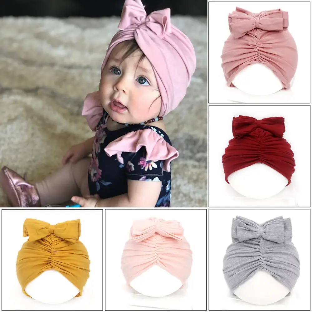 

9Pcs/Lot Solid Knotted Bow Hat Baby New Odell Pure Cotton Turtleneck Hat Children's Caps Newborn Soft Elastic Beanies