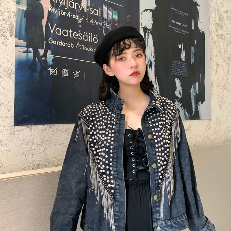 Chaquetas Mujer, осень, уличная одежда, джинсовая куртка для женщин, ручная работа, заклепки, кисточка, цепь, короткая джинсовая куртка, свободные черные пальто