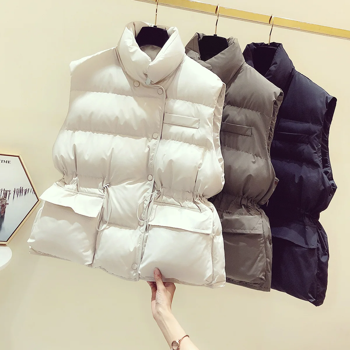 

Жилет женский хлопковый, Осень-зима 2021, однотонный, с тонкой талией и воротником