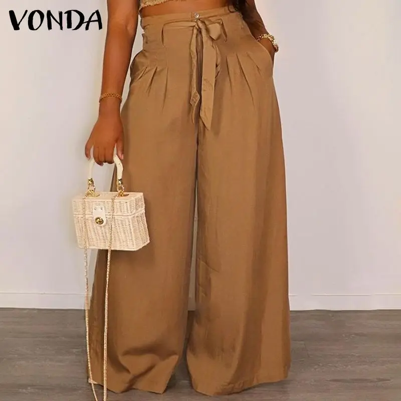 

Women Wide Leg Pants Solid Color Long Trousers 2021 VONDA Vintage High Waist Zipper Pants Casual Pleated Pantalon Femme