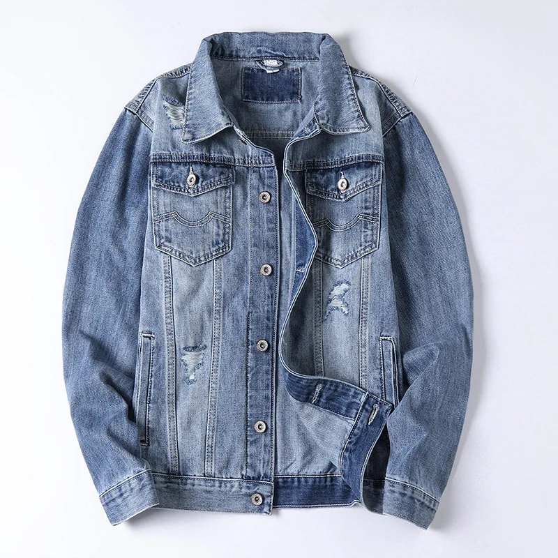 New Mens Denim Jacket Hip Hop Retro Street Casual Pilot Harajuku Fashion Hole Slim Blue Male and Coats black | Мужская одежда