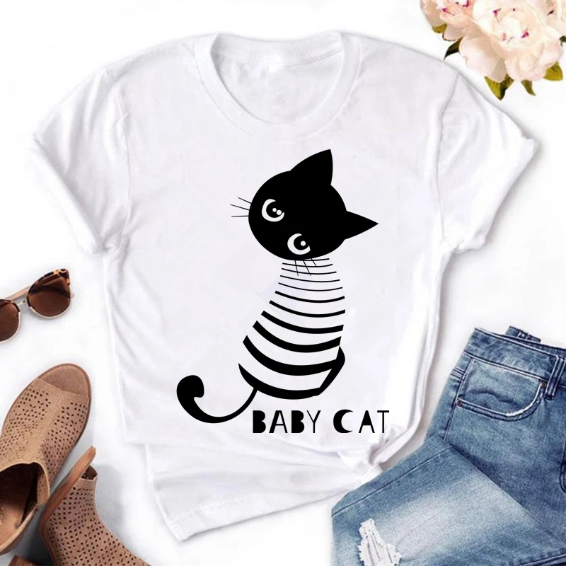 Забавная женская футболка с принтом кота летняя коротким рукавом в стиле