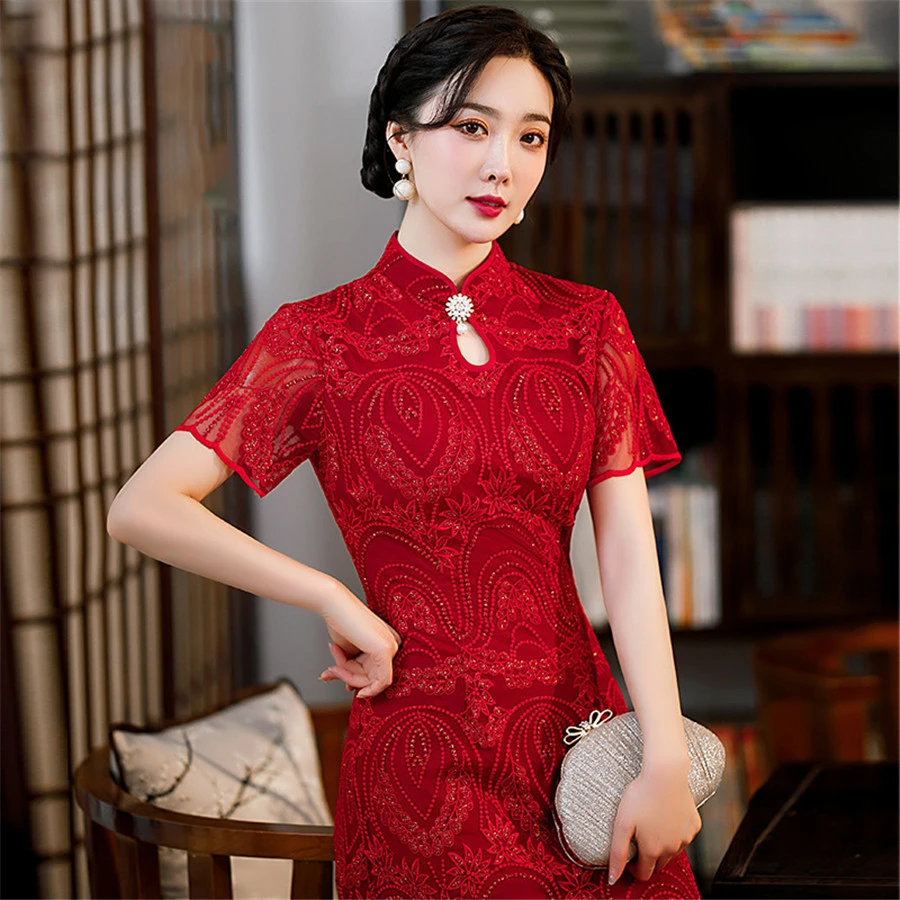 

Китайское традиционное платье, элегантное Красное Кружевное облегающее платье-Ципао с коротким рукавом и воротником-стойкой, потрясающее ...