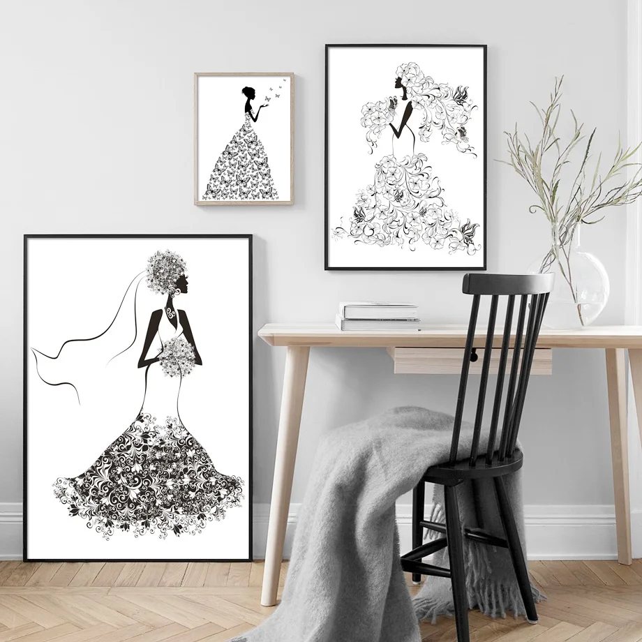 Модная девушка Роза бабочка платье настенная Картина на холсте скандинавские