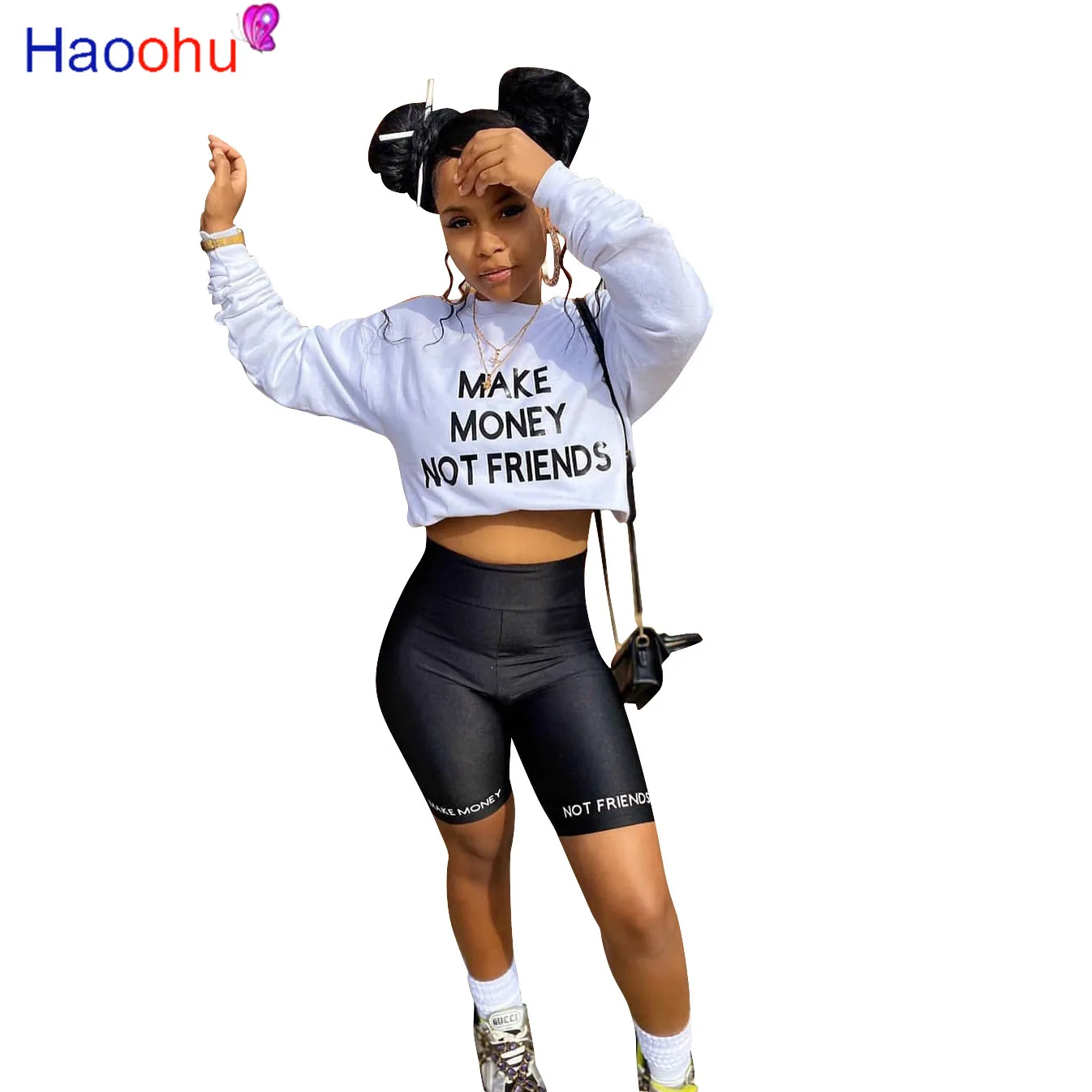 

HAOOHU Streetwear Women's Set Make Money Not Friends Print T-shirt Shorts Suit Tracksuit Matching Set Outfit Two Piece Set