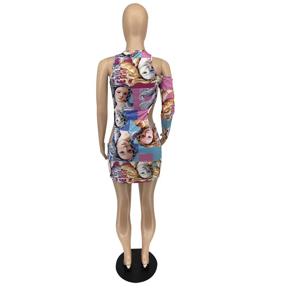 

Character Printed Asymmertrical Sheath Dress Women Single Shoulder Sleeveless Bandage Dress Vintage Waist Band Cut Out Vestidos