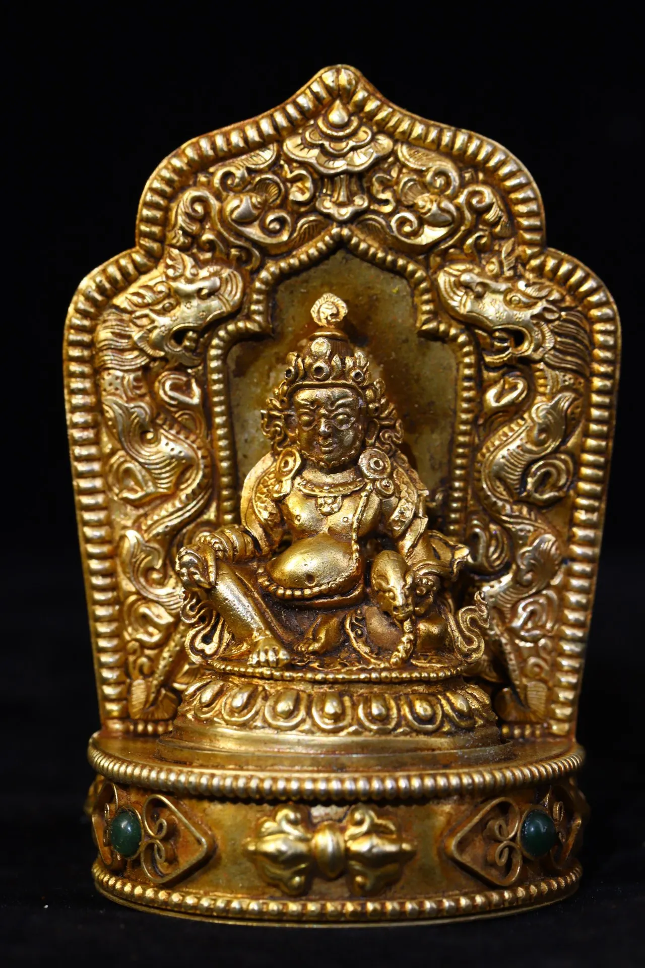 

4"Nepal temple Old Tibetan silver Gilt mosaic Gem Huang Caishen Yellow God of Wealth Buddha Statue Back light Sitting Buddha