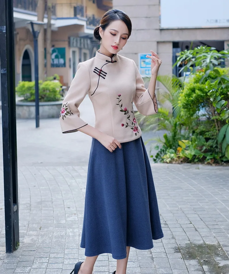 Sheng Coco Woolen Chinese Blouse Coat LadiesTraditional Chinese Shirts Embroidery Blouses Woolen Suit Classic Blue Suit