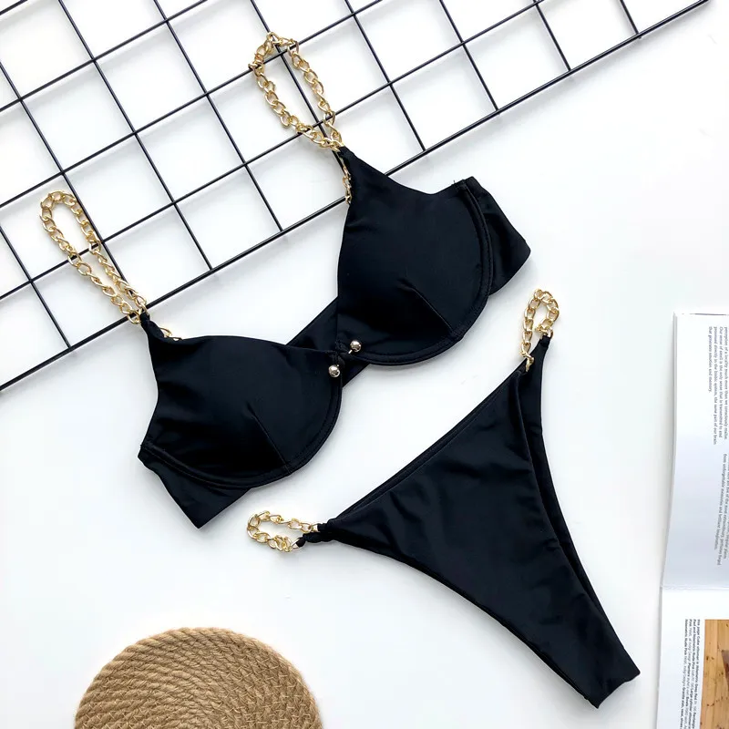 

Swimming Suit for Women 2021 New 2 Piece Set Sexy Swimwear Chain V Waist Bra Panty Thong Summer Casual Red Swimsuit Monokini