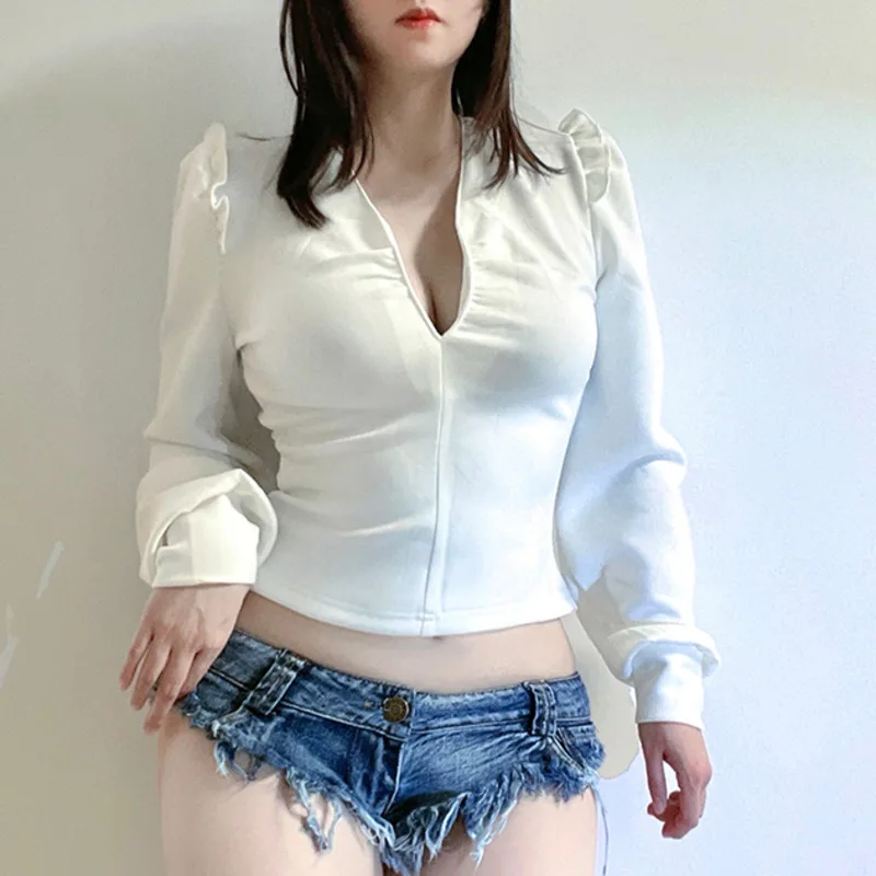 

WOMENGAGA Korean OL Sexy Hot V Neck Low Chest Ruffle Long Sleeve White Shirt Autumn Winter Shorts Loose Top Blouse Tops I0AH