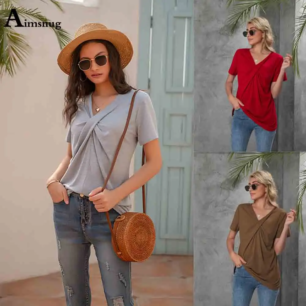 

2021 Summer Fashion Criss-cross Tops Women Short Sleeve V-Neck T-Shirt Casual Ladies Tees Shirt Plus Size 3xl Femme Clothing