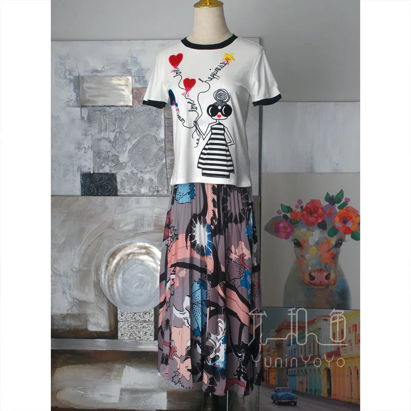 

Heavy industry embroidery love Sunglasses red lip girl's striped skirt custom double faced velvet cotton women's T-shirt short