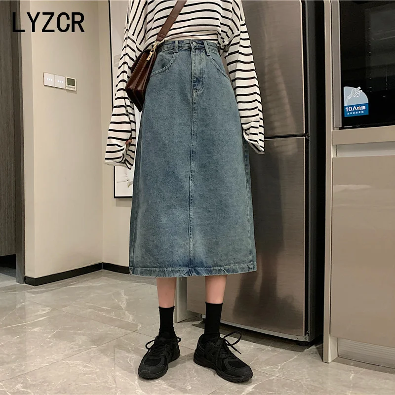 Женская джинсовая юбка LYZCR черная длинная винтажная средней длины с высокой