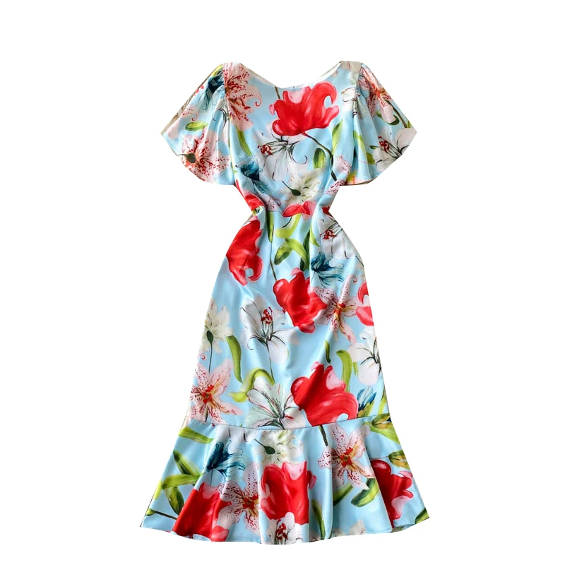 

Elegant Summer Women's Vintage Mermaid Dress Ladies Short Sleeve Print Sexy Midi Dress 2021 Sukienka Large Size Female Vestidos
