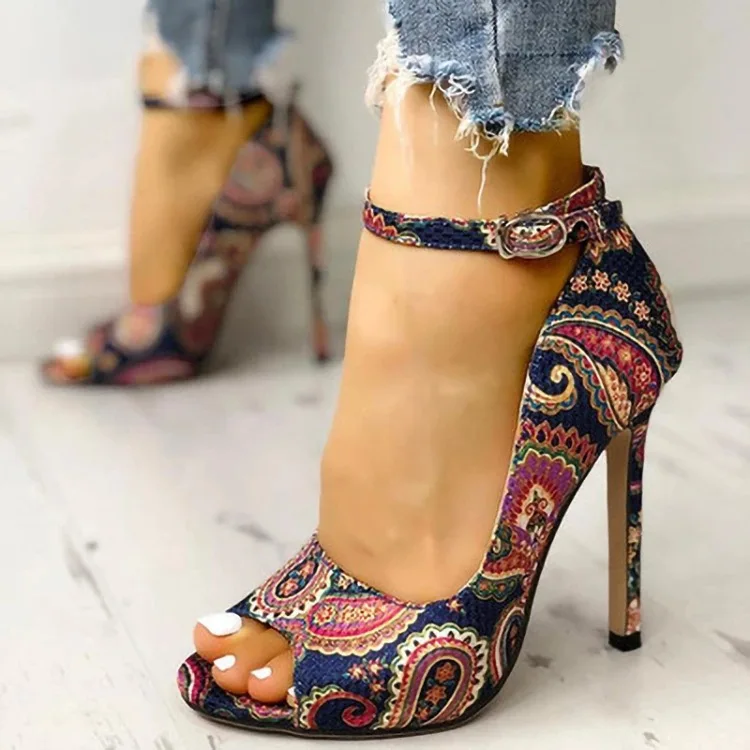 

New family leaky toe ring buckle thin style print high heeled sandals women's