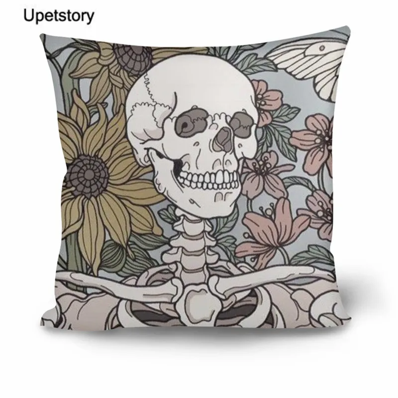 

Upetstory Floral Skull Cushion Cover Black Skeleton Couples Print Pillowcase Square Pillow Cover Halloween Decor for Home Sofa