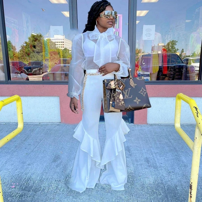 

Women Two Piece Outfits Sets Sexy Sheer Mesh Crop Top and Flare Pant Suits Club Festival Clothing