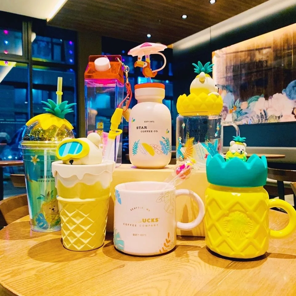 

Star Dad with Logo Cup 2021Cup Colorful Jungle Pineapple Durian Bear Mug Straw Drinking Cup Glass Fruit Cup Coffee Kawaii Mug
