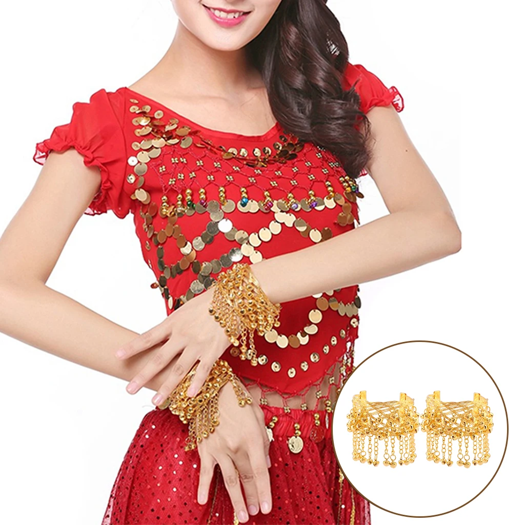 

Gold Arm Chain Bracelet Upper Arm Hollow Carving with Bell Pendant Tassel for Belly Dance Vintage Dancing Accessories 2Pieces