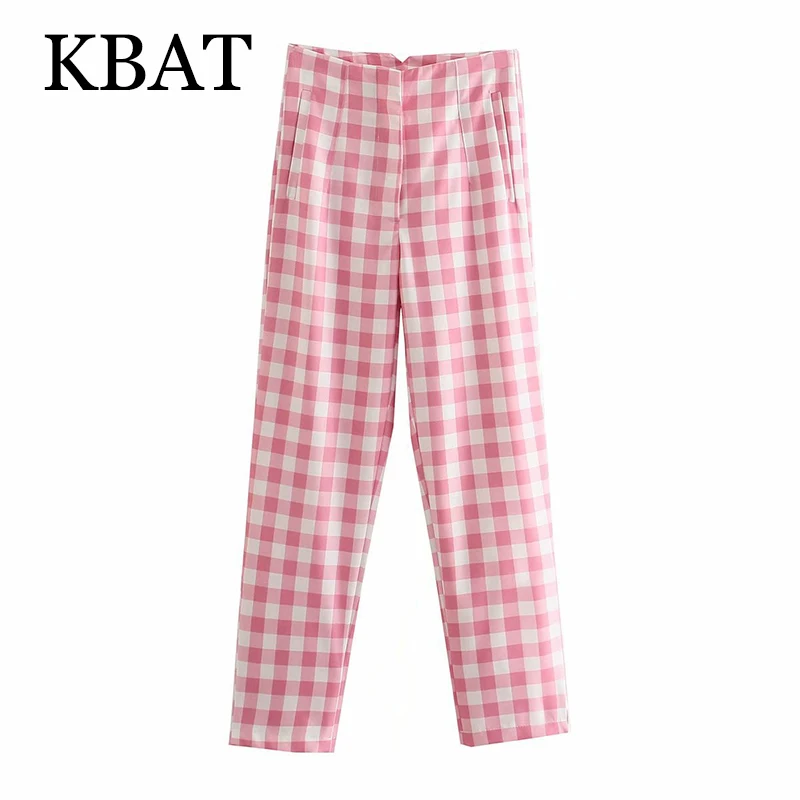 

KBAT 2021 Retro Female Zipper Pocket Pantalones Long Trousers Streetwear Women Fashion Vintage Plaid Casual Straight Pants