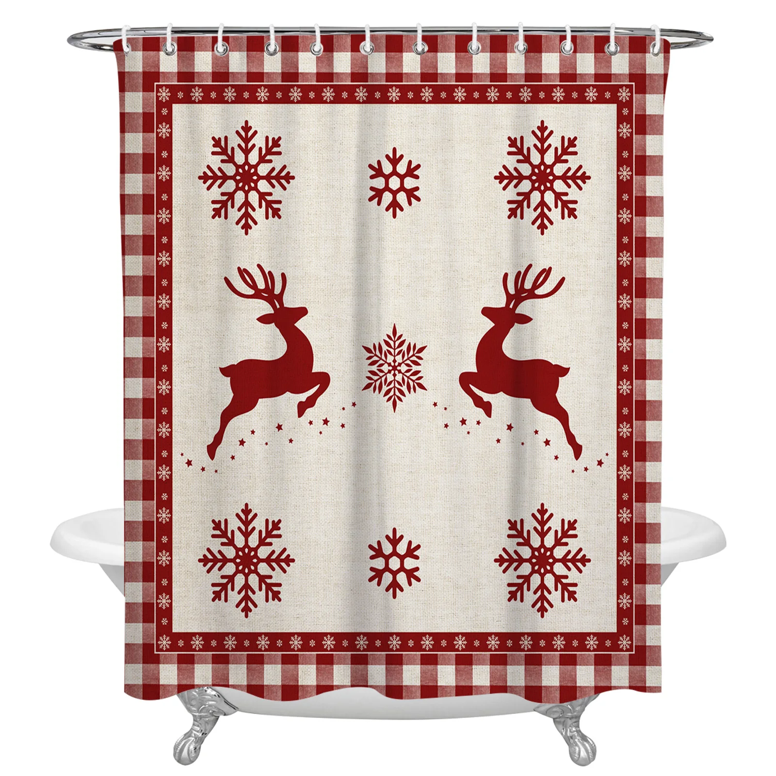 

Christmas Snowflake Elk Red Plaid Waterproof Shower Curtain Home Bath Decorative Polyester Fabric Bathroom Curtain with Hooks