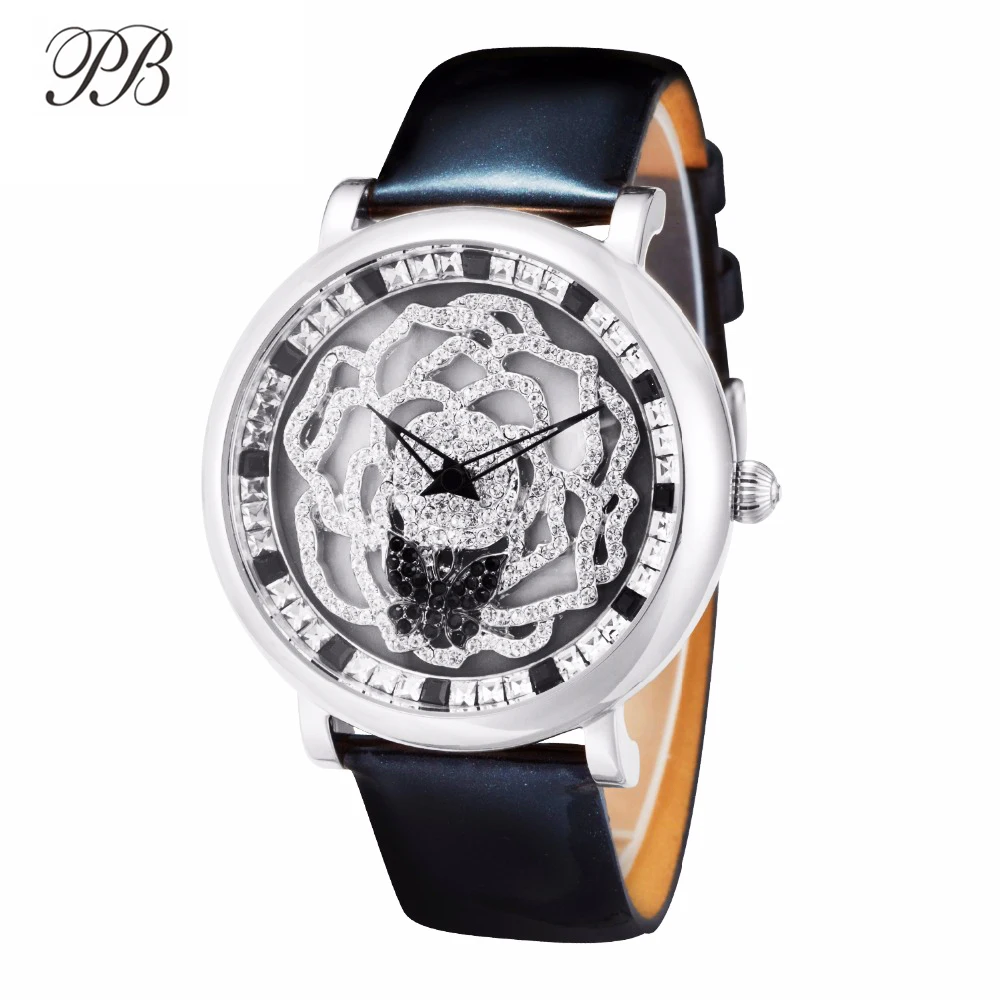 PB часы женские наручные с вращающимся цветком бабочка кристалл кожаный ремешок