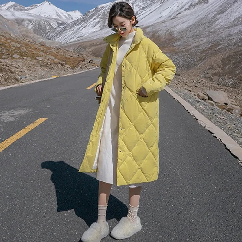 Женский длинный пуховик с воротником-стойкой однотонное теплое пальто из хлопка