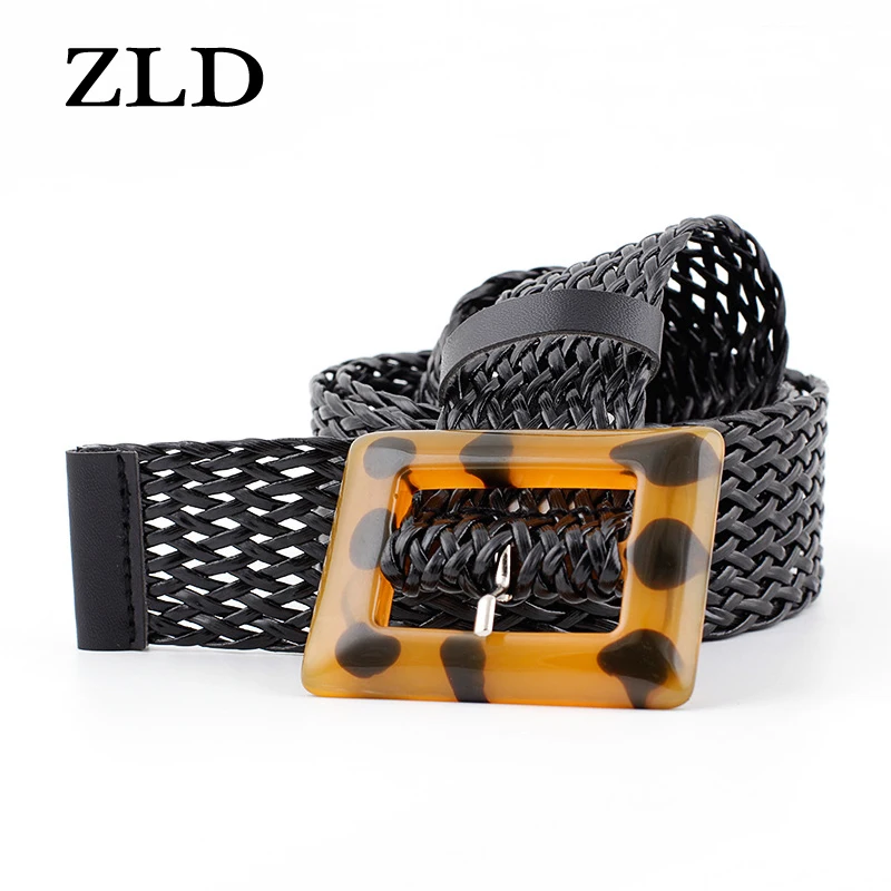

ZLD Women's belt fashion pu woven wide belt Spotted Leopard Print Yellow Buckle Head Decorative Belt trendy pants belts