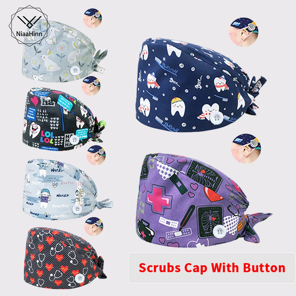 

Adjustable Unisex Cotton Scrubs Cap New Fashion Personalized Printing Beauty Cap Lab Scrubs Hat Health Workers Hats With Button