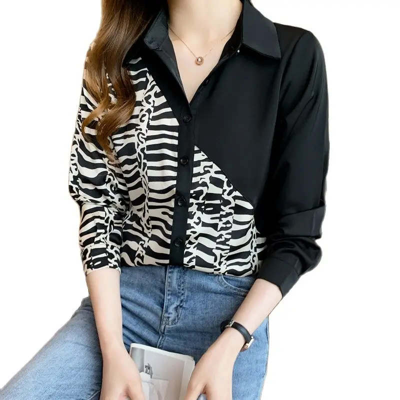 

Women Spring Autumn Turn-down Collar Long-Sleeve Contrast Color Print Blouse Female Casual Chiffon Shirts Tops