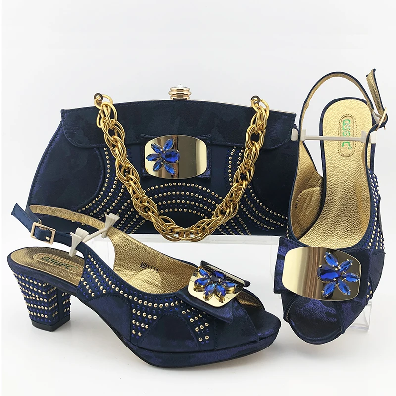 

2020 Latest style Party Set Matching African Women's Medium Heel Sandl Shoes With Bag Set Gold color Heel Height 7CM