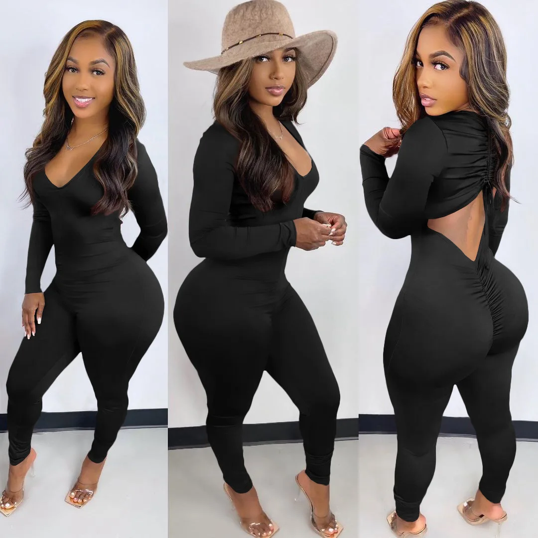 Sexy Backless Lace Up Ruched Jumpsuit Stretchy Sporty Long Sleeve Skinny Workout Active Wear Solid One Piece Overalls Female