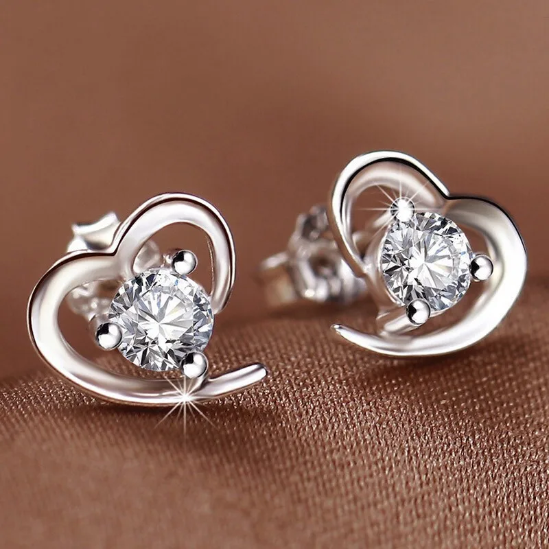 

925 Sterling Silver Zircon Heart Piercing Stud Earrings For Women Wedding Party Fashion Jewelry Gift Pendientes eh843