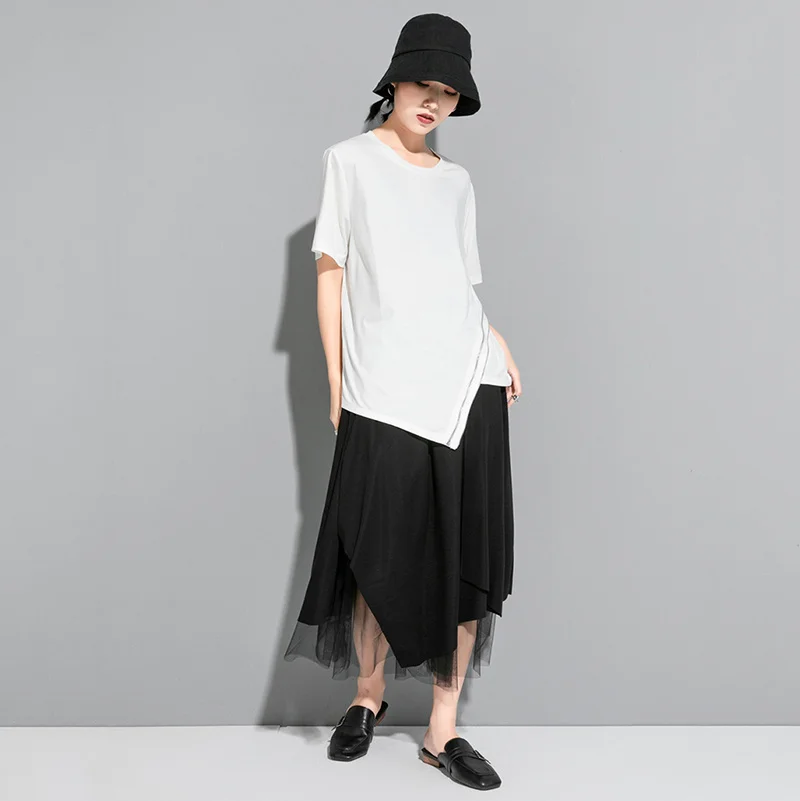 

[EAM] Women White Irregular Zipper Split Big Size T-shirt New Round Neck Short Sleeve Fashion Tide Spring Summer 2021 1U509