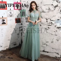 high neck short sleeve a line evening dresses see through beading sequined prom party gown