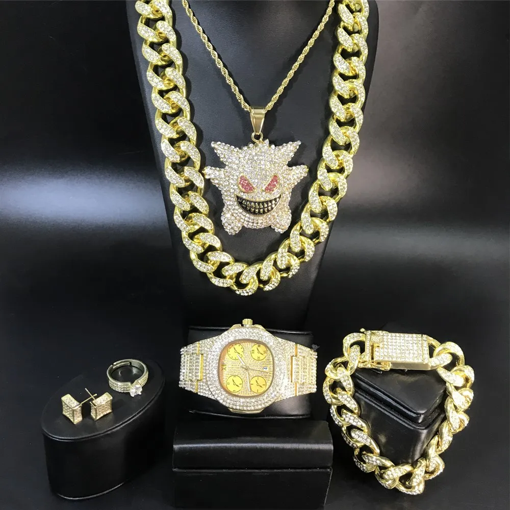 

Luxury Man Watch & Necklace & Braclete & Ring & Earrings Combo Ice Out Cuban Jewerly In Crystal Neckalce Chain Hip Hop For Men