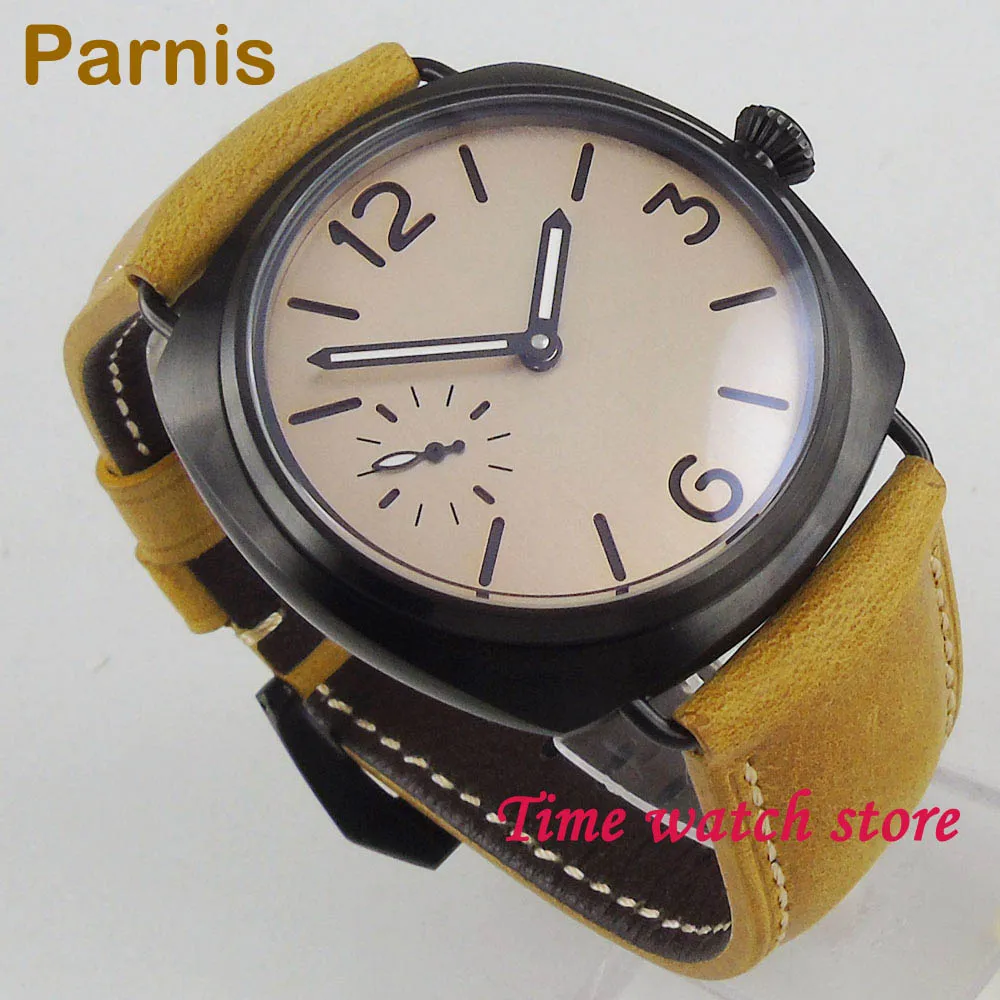 Классические 47 мм с PVD покрытием часы Parnis Мужские Водонепроницаемые кожаные